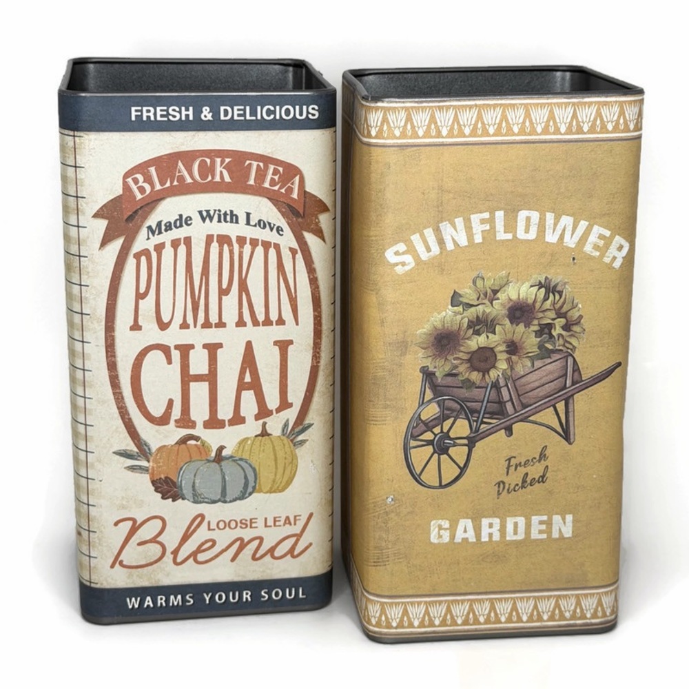 Pumpkin Chai and Sunflower Garden Decorative Tin Containers NO LIDS
